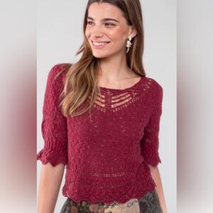 NATURAL LIFE Wine Crochet Short-Sleeve Knit Top - Medium - New With Tags